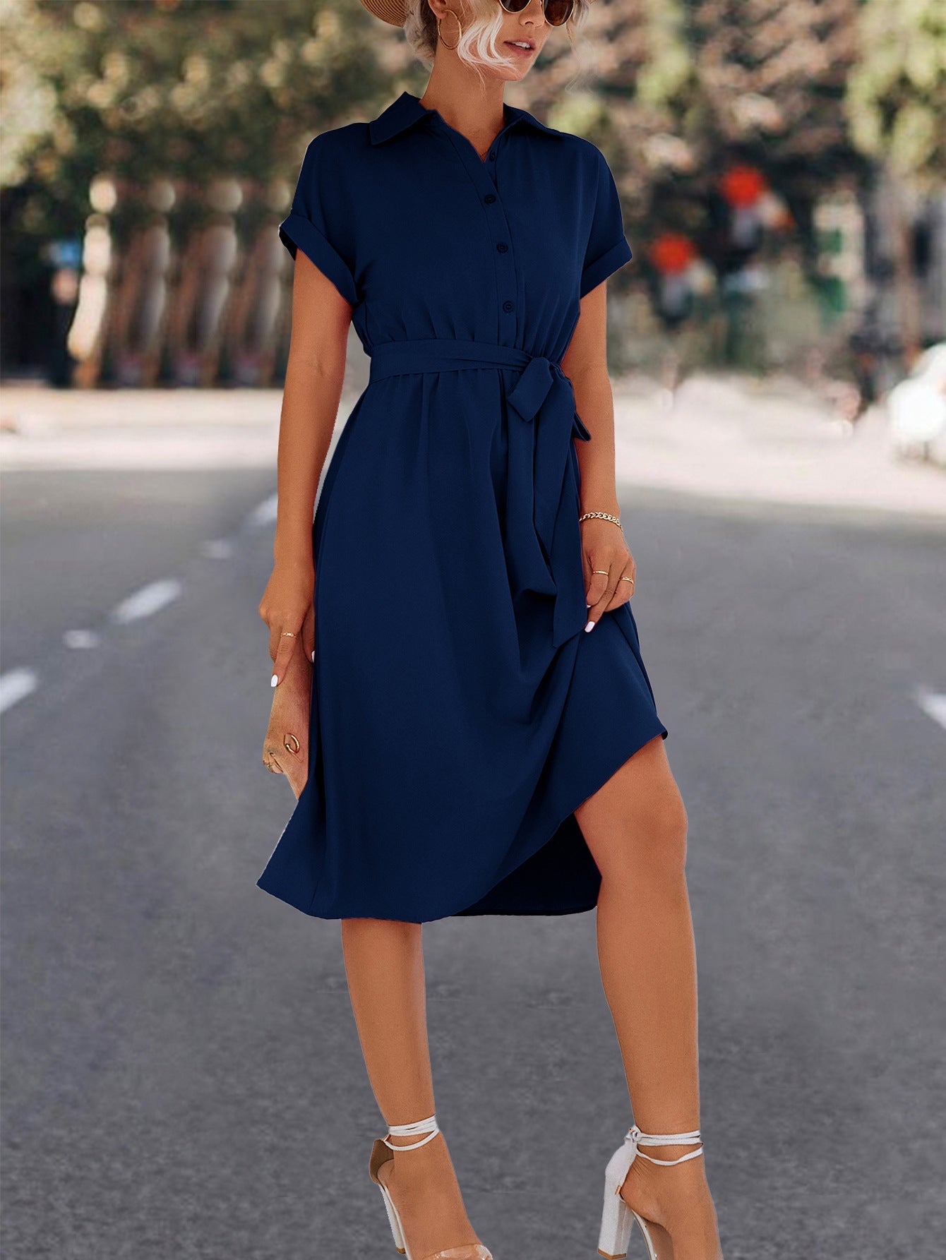 Damen Knielanges Hemdkleid mit Taillengürtel und elegantem V-Ausschnitt Krohn-e