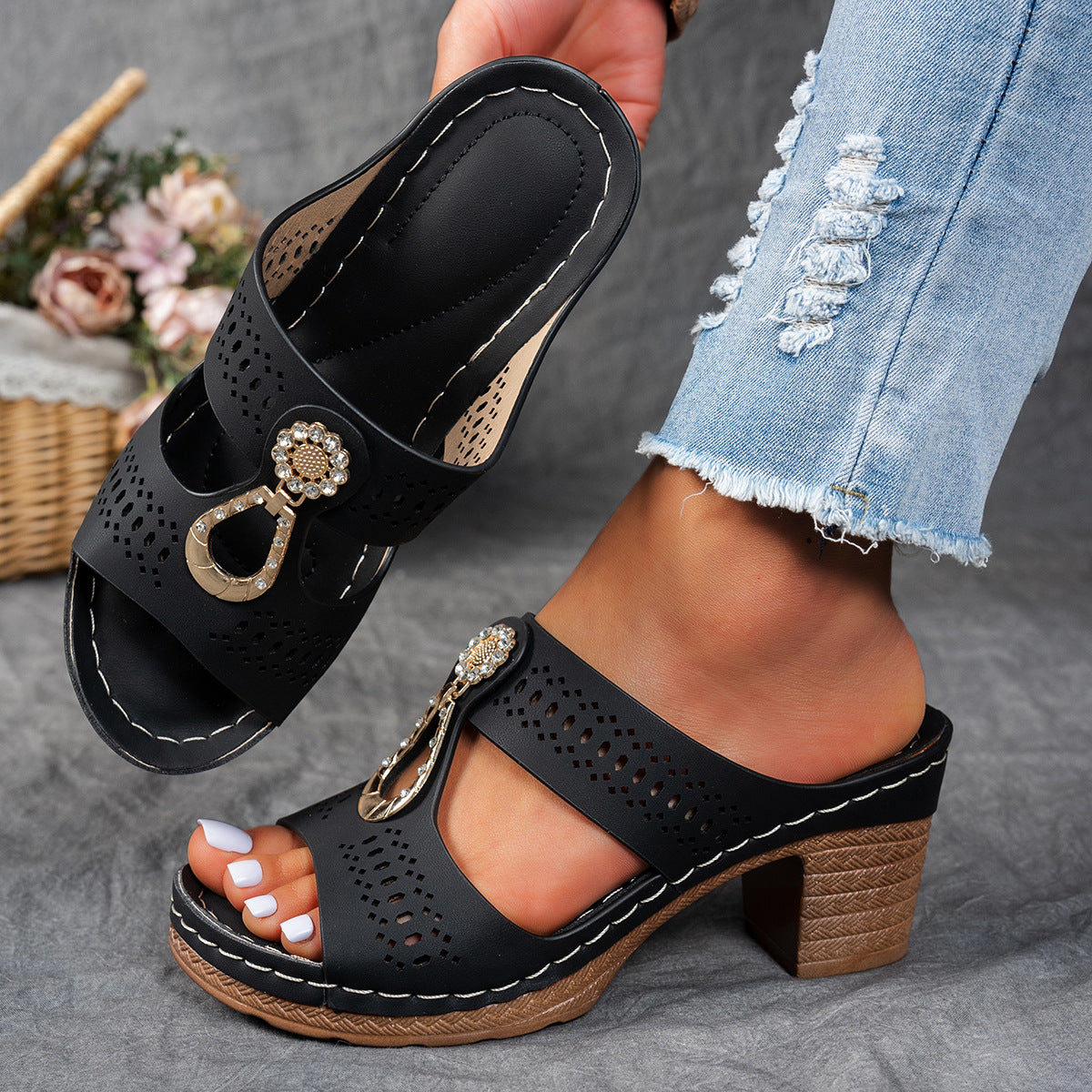 KROHN-E Damen Flache Sandalen Strass-Details Komfort