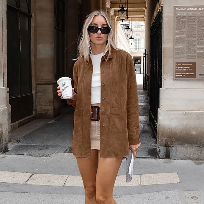 Damen Modische Wildlederjacke mit Druckknopfverschluss und praktischen Taschen Krohn-e