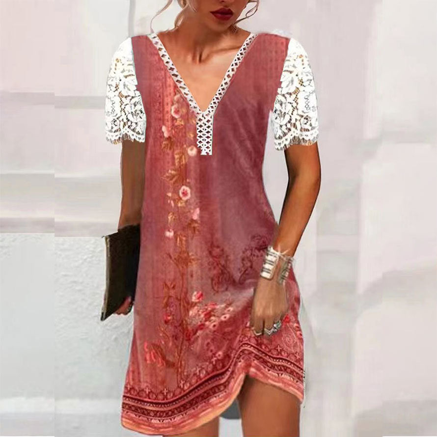 Elegantes Kleid mit Spitzeneinsatz, V-Ausschnitt und Druckmuster von Fudus