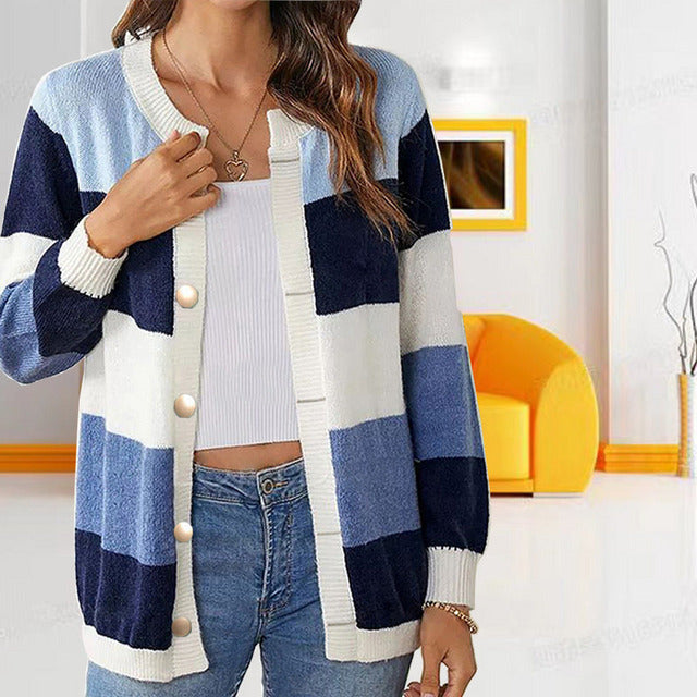 Krohn-e | Strickjacke - Damen Frühling Freizeit Gestreifte Strickjacke