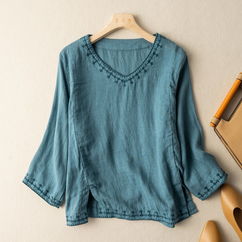 KROHN-E Damen V-Ausschnitt Bluse Bestickt Kurzarm Leicht