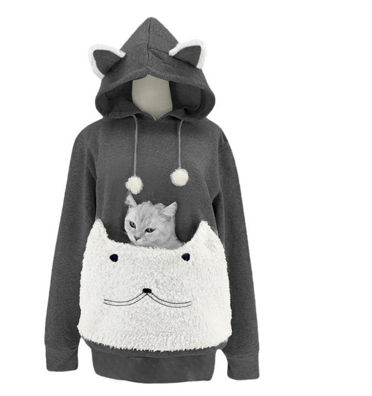 Damen Kuscheliger Kapuzenpullover mit Katzenmotiv und praktischer Känguru-Tasche Krohn-e