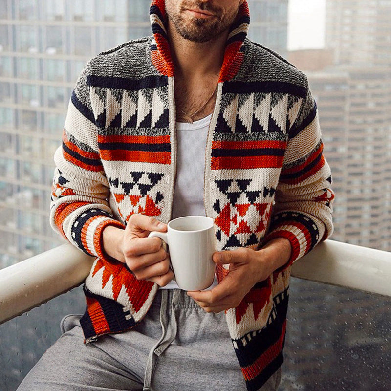 Herren Strickjacke mit geometrischem Muster und hoher Kragen Krohn-e