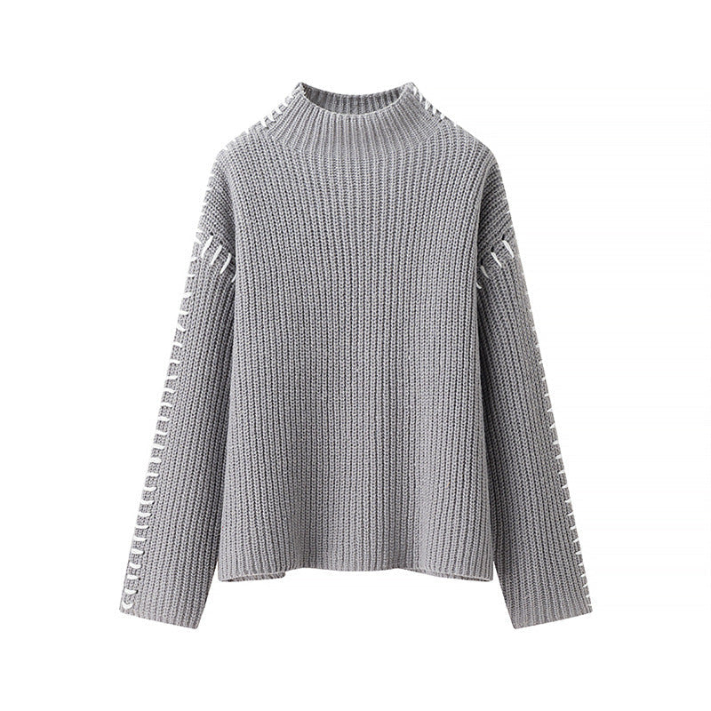 Damen Grobstrickpullover mit hohem Kragen und dekorativen Details Krohn-e