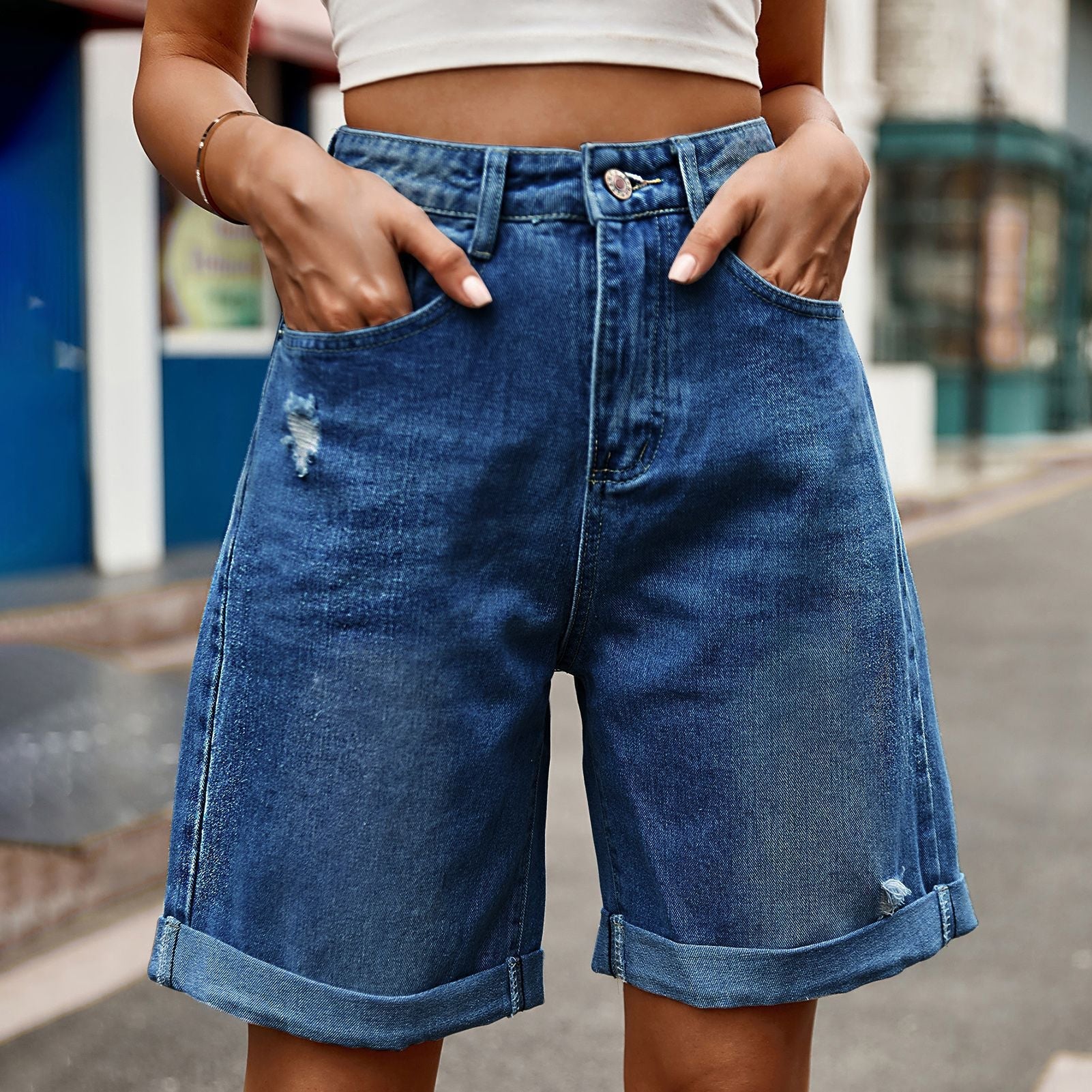 Damen entspannte Denim-Shorts mit umgeschlagenem Saum Krohn-e