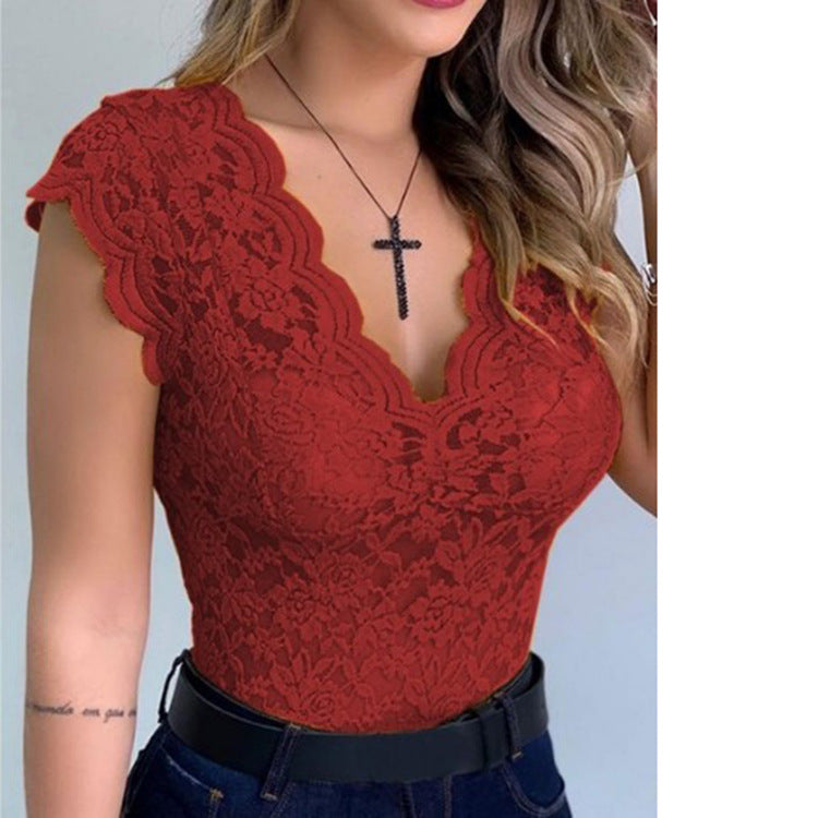 Damen Spitzenbodysuit mit tiefem V-Ausschnitt und Rüschenärmeln Krohn-e