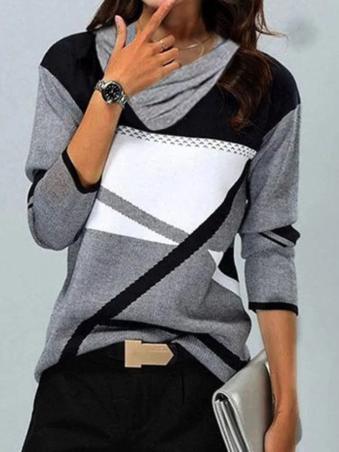 Fudus modischer bedruckter Plissee-Langarm-Shirt mit V-Ausschnitt