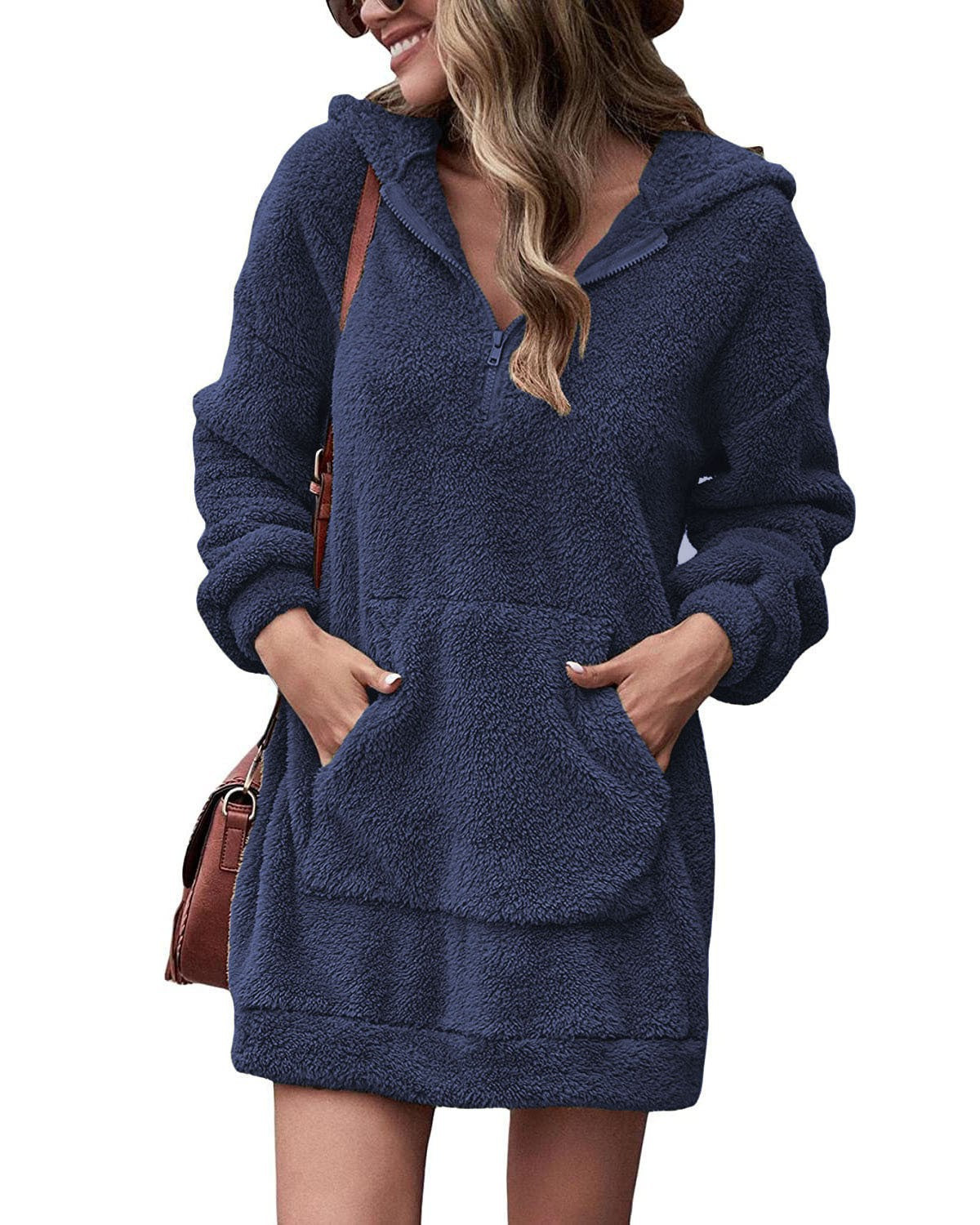 Damen Kuscheliger Hoodie-Kleid mit praktischen Taschen und halben Reißverschluss Krohn-e