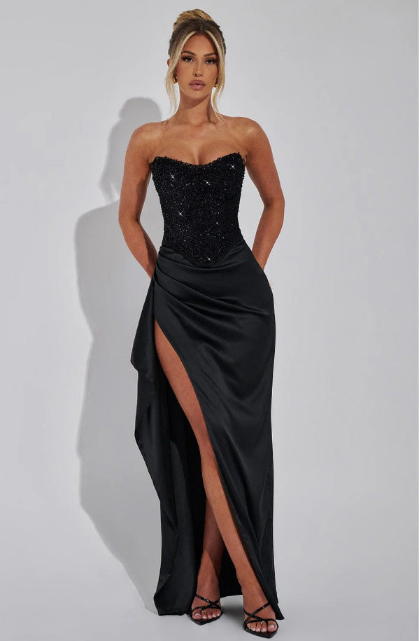 Damen Elegantes Abendkleid mit schimmerndem Oberteil und hohem Schlitz Krohn-e