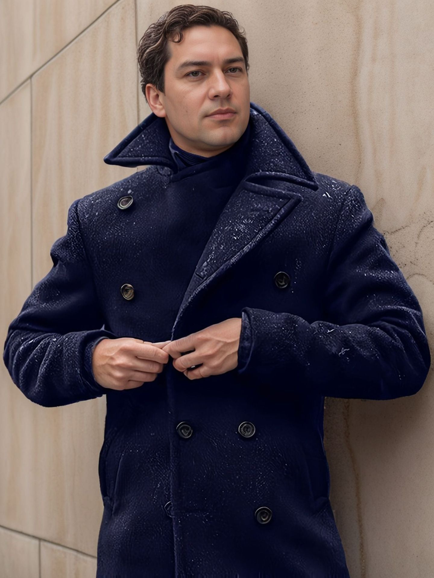 Herren eleganter doppelreihiger Wollmantel mit strukturiertem Obermaterial Krohn-e