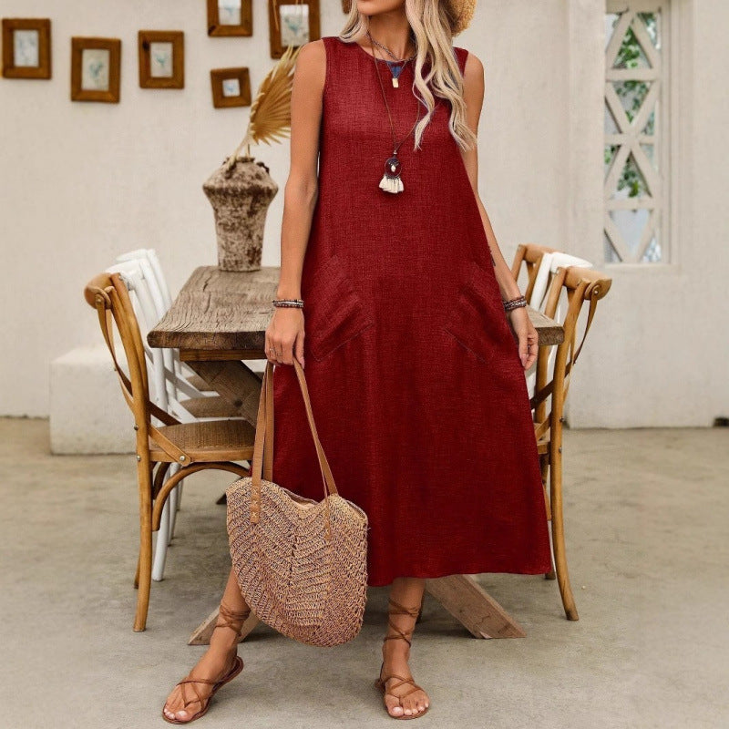 Einfarbiges, ärmelloses Rundhalskleid von Fudus