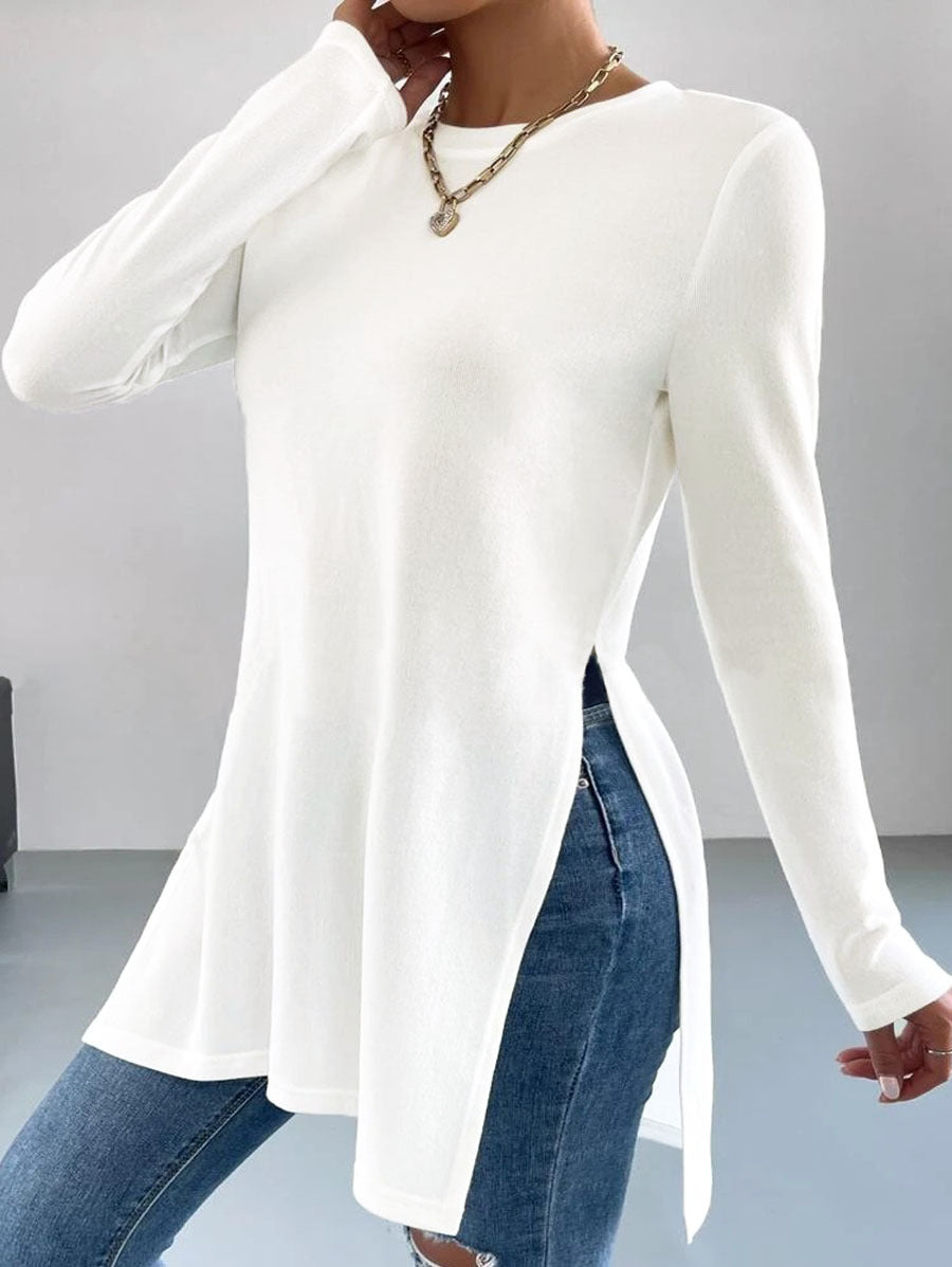 Damen asymmetrisches Longsleeve-Oberteil mit seitlichen Schlitzen und lässigem Schnitt Krohn-e