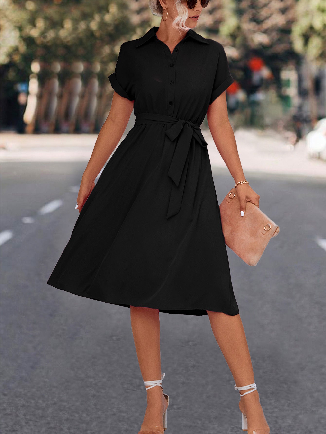 Damen Knielanges Hemdkleid mit Taillengürtel und elegantem V-Ausschnitt Krohn-e