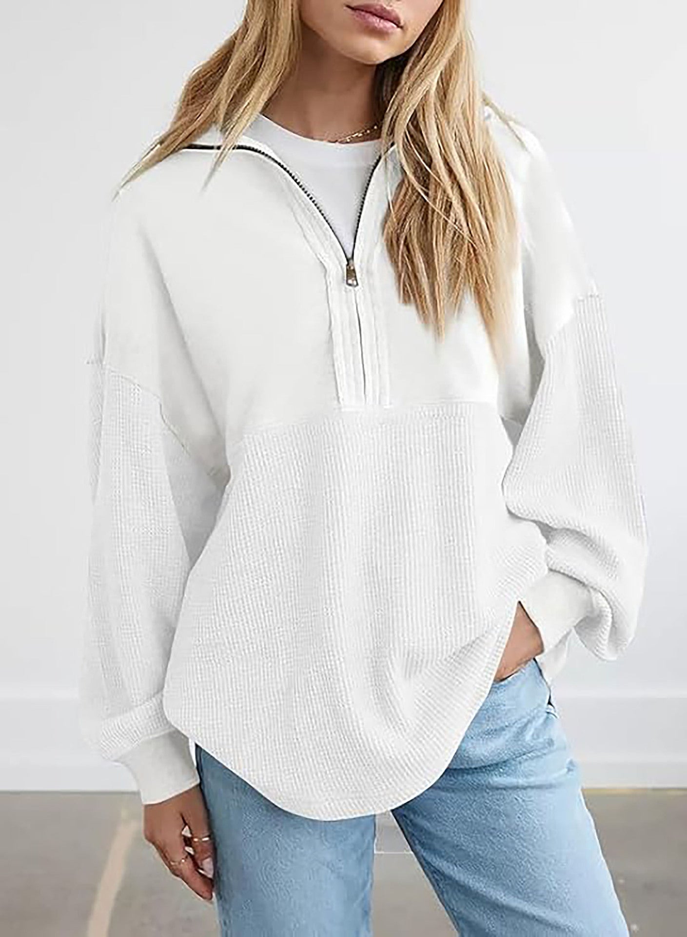 Damen lässiger Kapuzenpullover mit halblangem Reißverschluss und strukturiertem Material Krohn-e