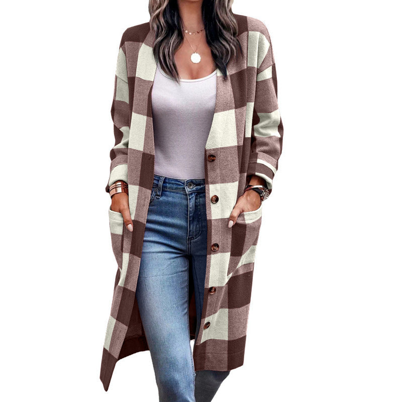 Damen Längerer Karokartenjacke mit Taschen Krohn-e
