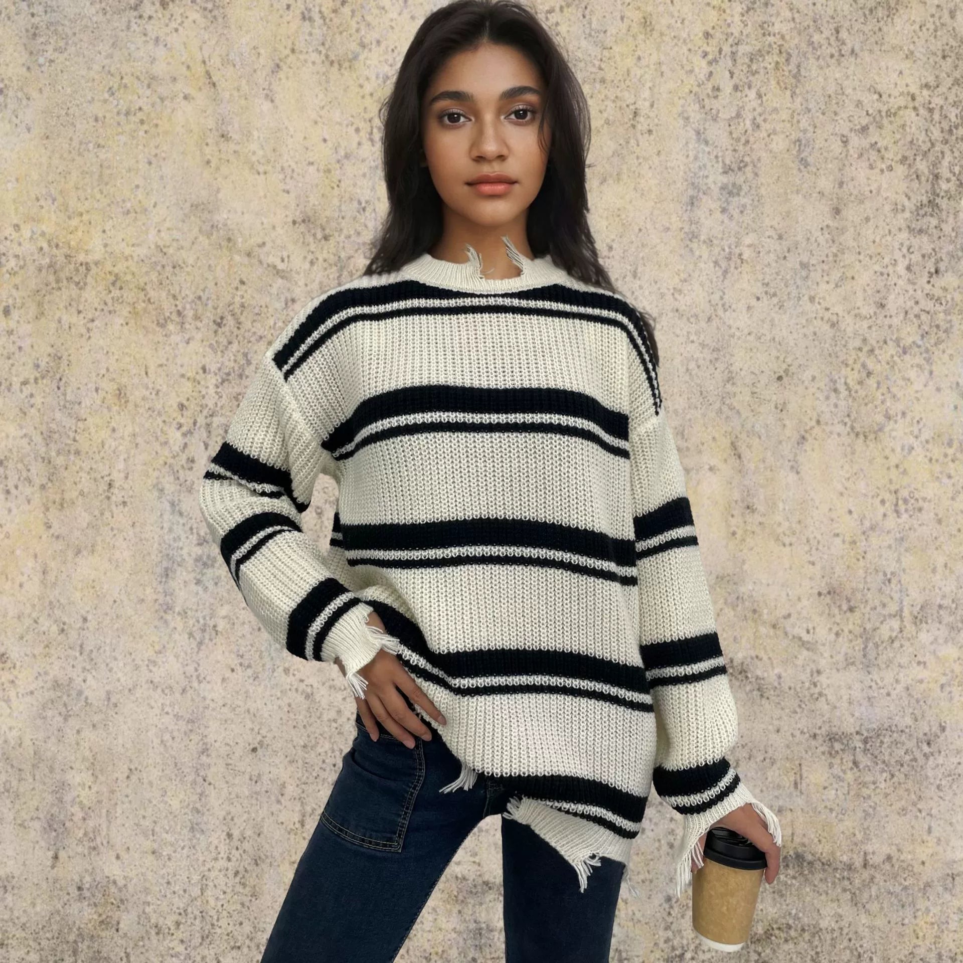 Krohn-e | Pullover Pullover Übergröße Fit Gestrickte Wolle Kontraststreifen Fransen Saum