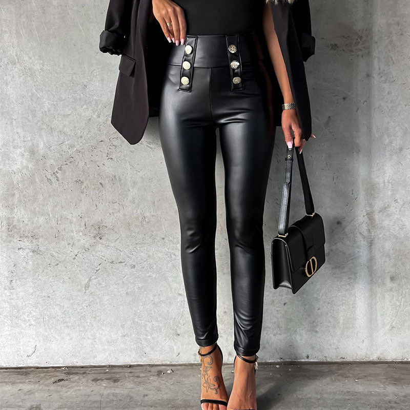 Damen imitat Leggings mit glänzender Oberfläche und dekorativen Knöpfen Krohn-e