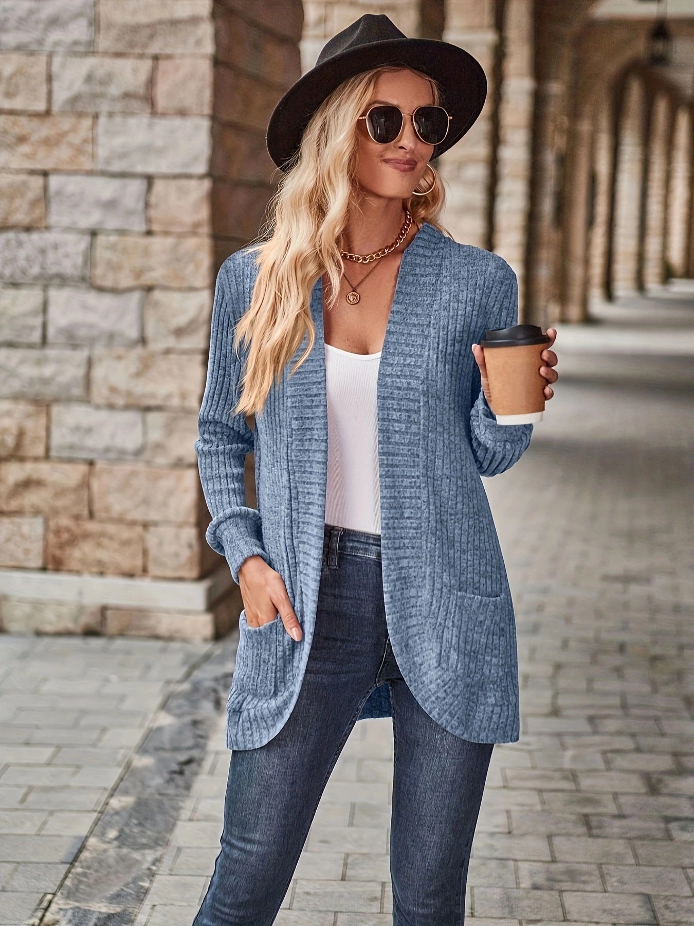 Damen offene Strickjacke mit strukturierter Oberfläche und praktischen Taschen Krohn-e