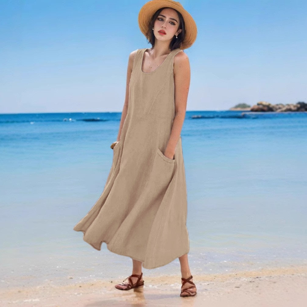 Sommerkleid aus Leinen, ärmellos, Rundhals, mit Tasche von Fudus