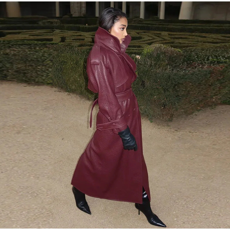 Damen Oversized Kunstleder-Trenchcoat mit hohem Kragen und abnehmbaren Gürtel Krohn-e