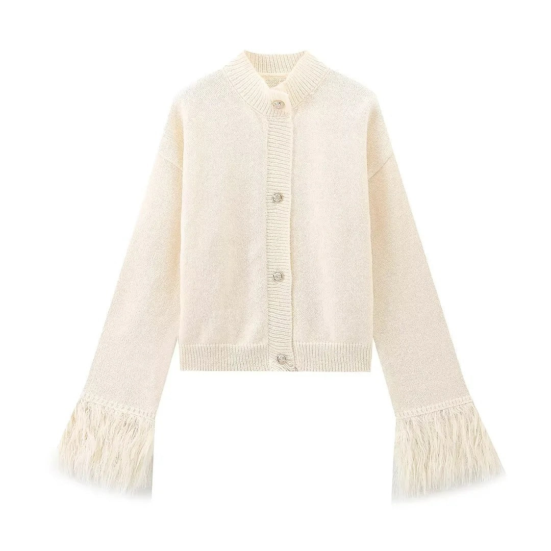 Damen lässige Strickjacke mit dekorativen Fransen und hochwertigen Knöpfen Krohn-e