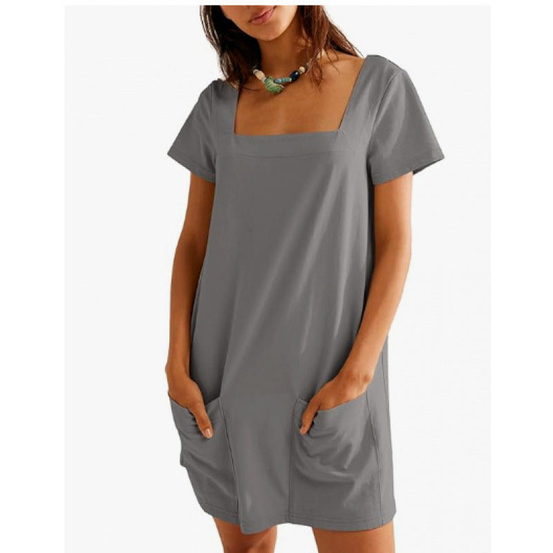 Kurzarmes Fudus Taschenkleid mit quadratischem Ausschnitt