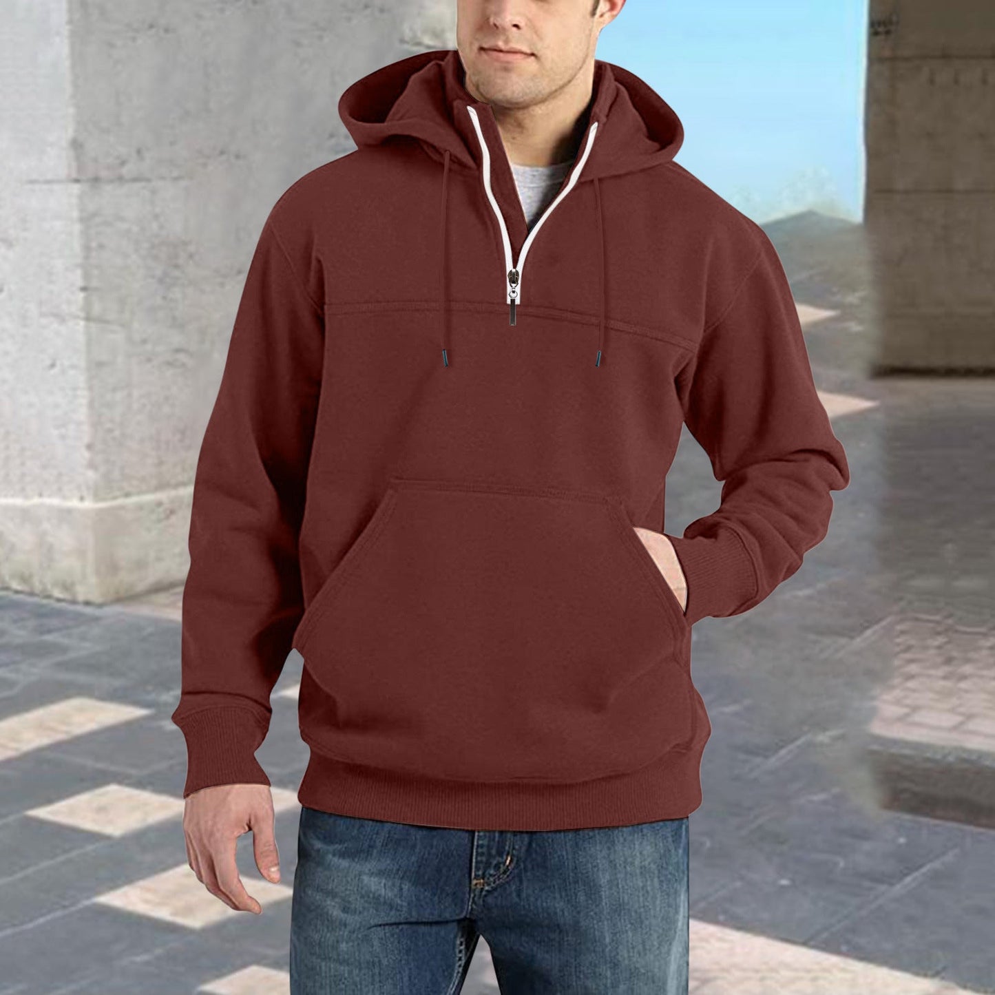 Herren modischer Kapuzenpullover mit halbem Reißverschluss und praktischen Kängurutaschen Krohn-e