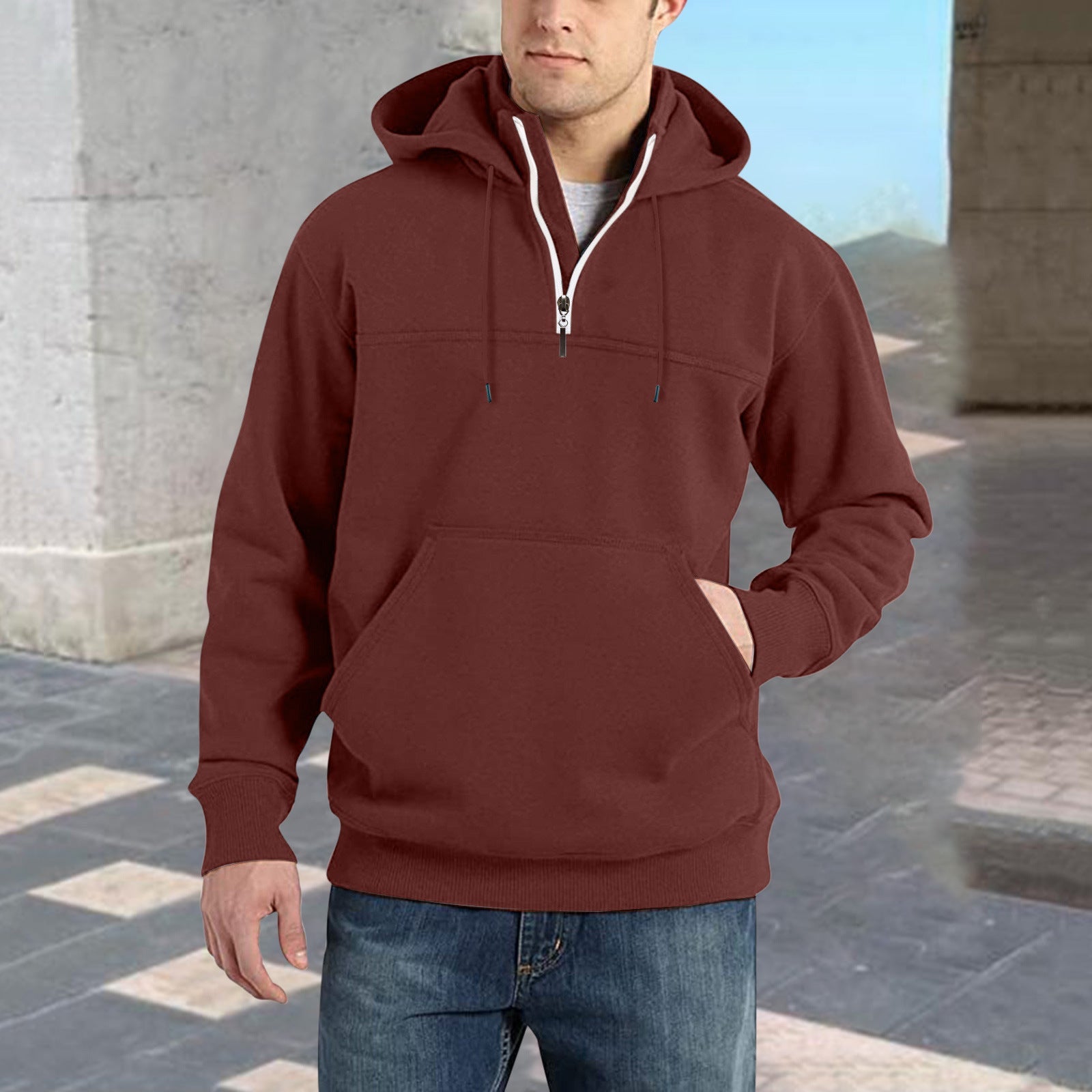 Herren modischer Kapuzenpullover mit halbem Reißverschluss und praktischen Kängurutaschen Krohn-e