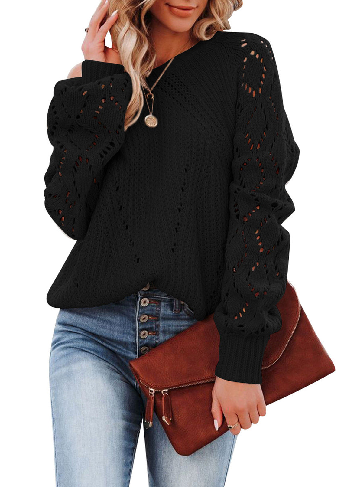 Damen Eleganter Strickpullover mit luftiger Häkelstruktur und weiten Ärmeln Krohn-e