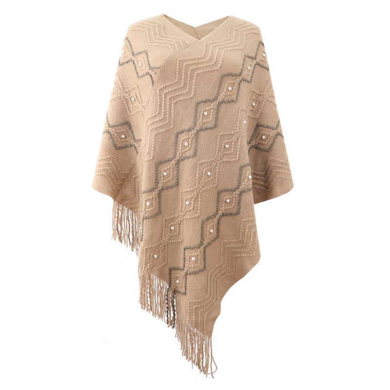Damen eleganter Poncho mit auffälligem Strukturmuster und dekorativen Fransen Krohn-e
