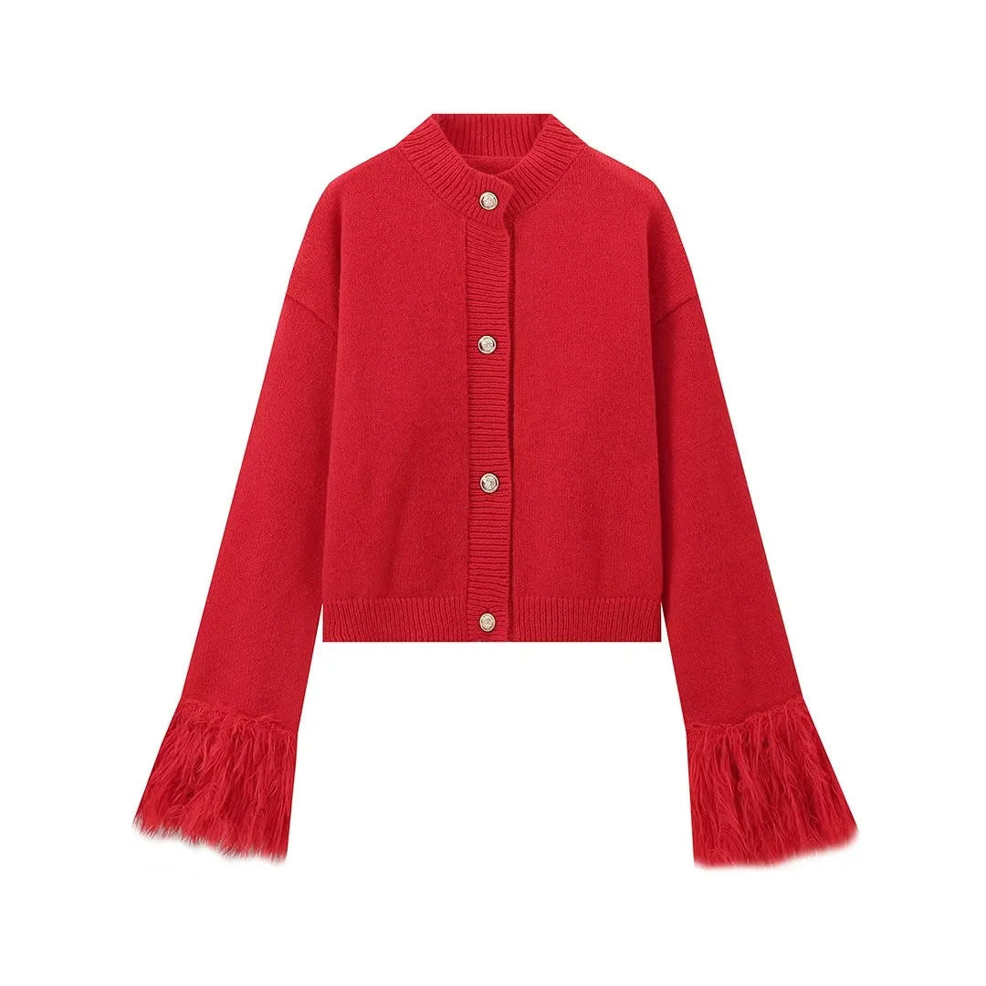 Damen lässige Strickjacke mit dekorativen Fransen und hochwertigen Knöpfen Krohn-e