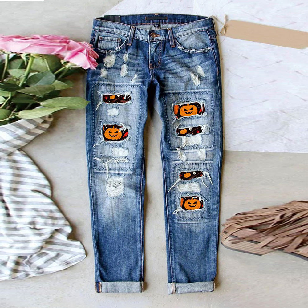 Damen Ripped Jeans mit Halloween-Motiv Krohn-e
