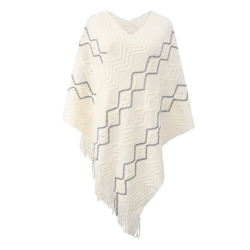 Damen eleganter Poncho mit auffälligem Strukturmuster und dekorativen Fransen Krohn-e