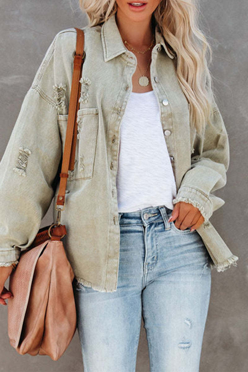 Damen Oversize Denimjacke mit Raffung und fransigem Saum Krohn-e