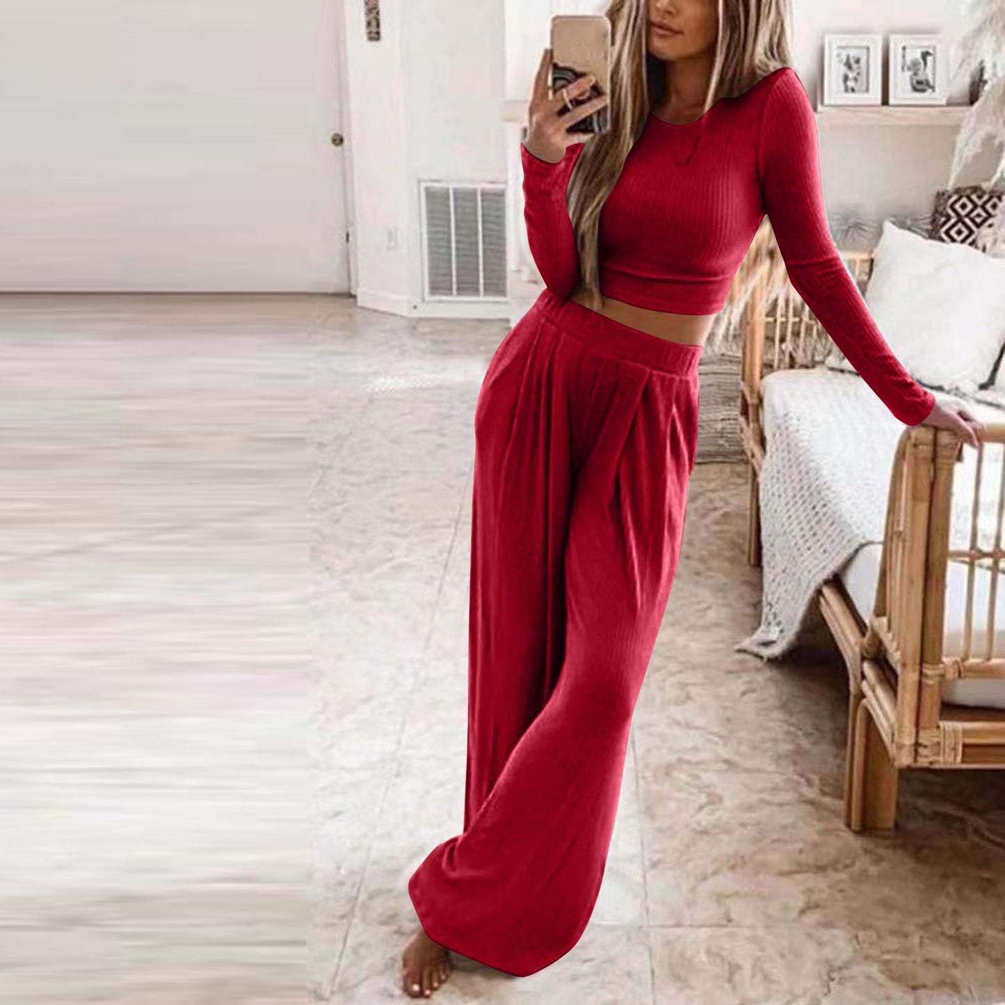Damen Elegantes Lounge-Set mit langärmeligem Oberteil und weiten Hosen Krohn-e