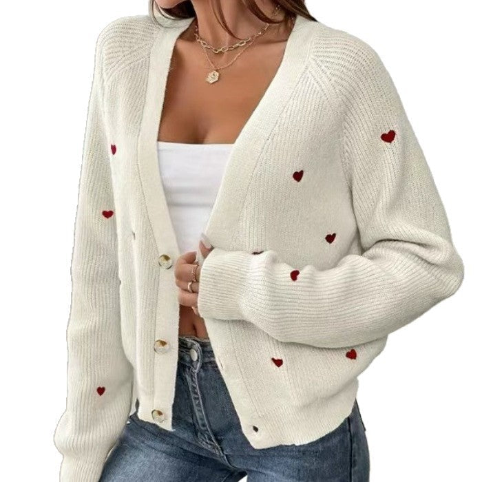 Damen lässige Strickjacke mit Herzapplikationen und tiefem V-Ausschnitt Krohn-e