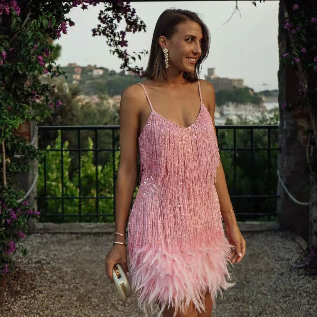 Damen Glitzerndes Abendkleid mit Federn und schimmernden Akzenten Krohn-e