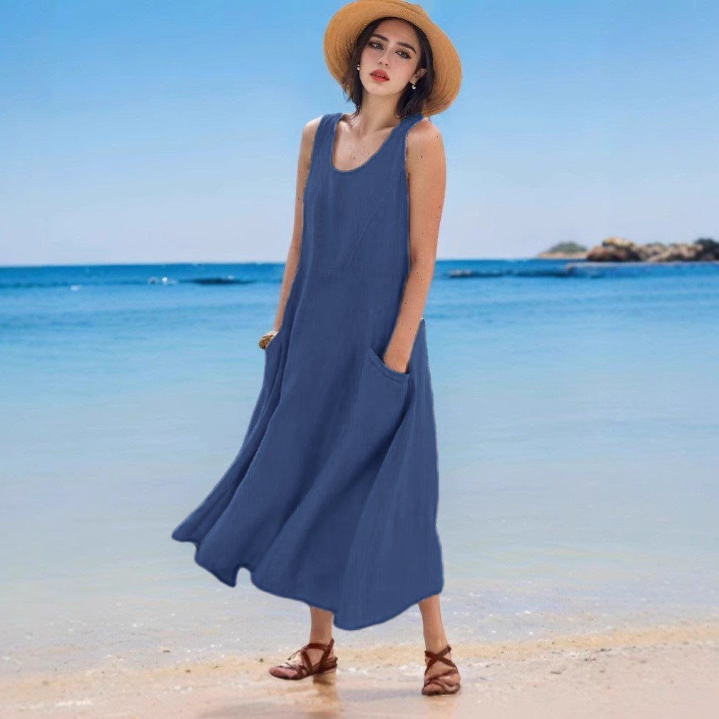 Sommerkleid aus Leinen, ärmellos, Rundhals, mit Tasche von Fudus