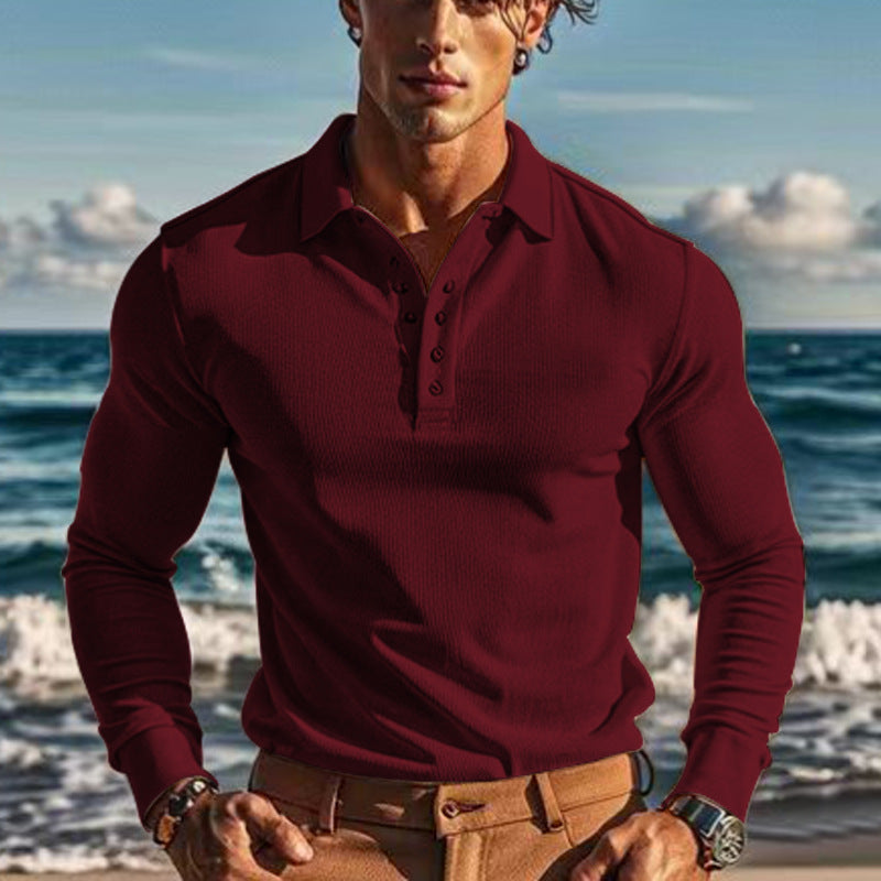 Herren eleganter Langarm-Polo mit Knopfleiste und strukturiertem Design Krohn-e