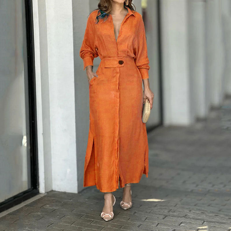 Damen Maxikleid aus leichtem Leinen mit eleganter Knopfleiste und praktischen Seitenschlitzen Krohn-e