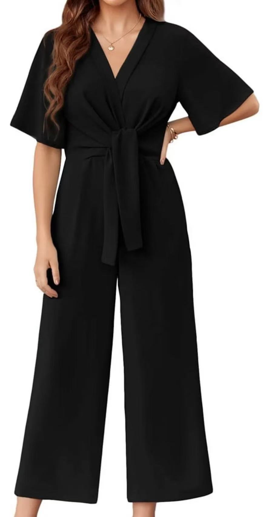 Damen eleganter Wickel-Jumpsuit mit weiten Beinen und Taillengürtel Krohn-e