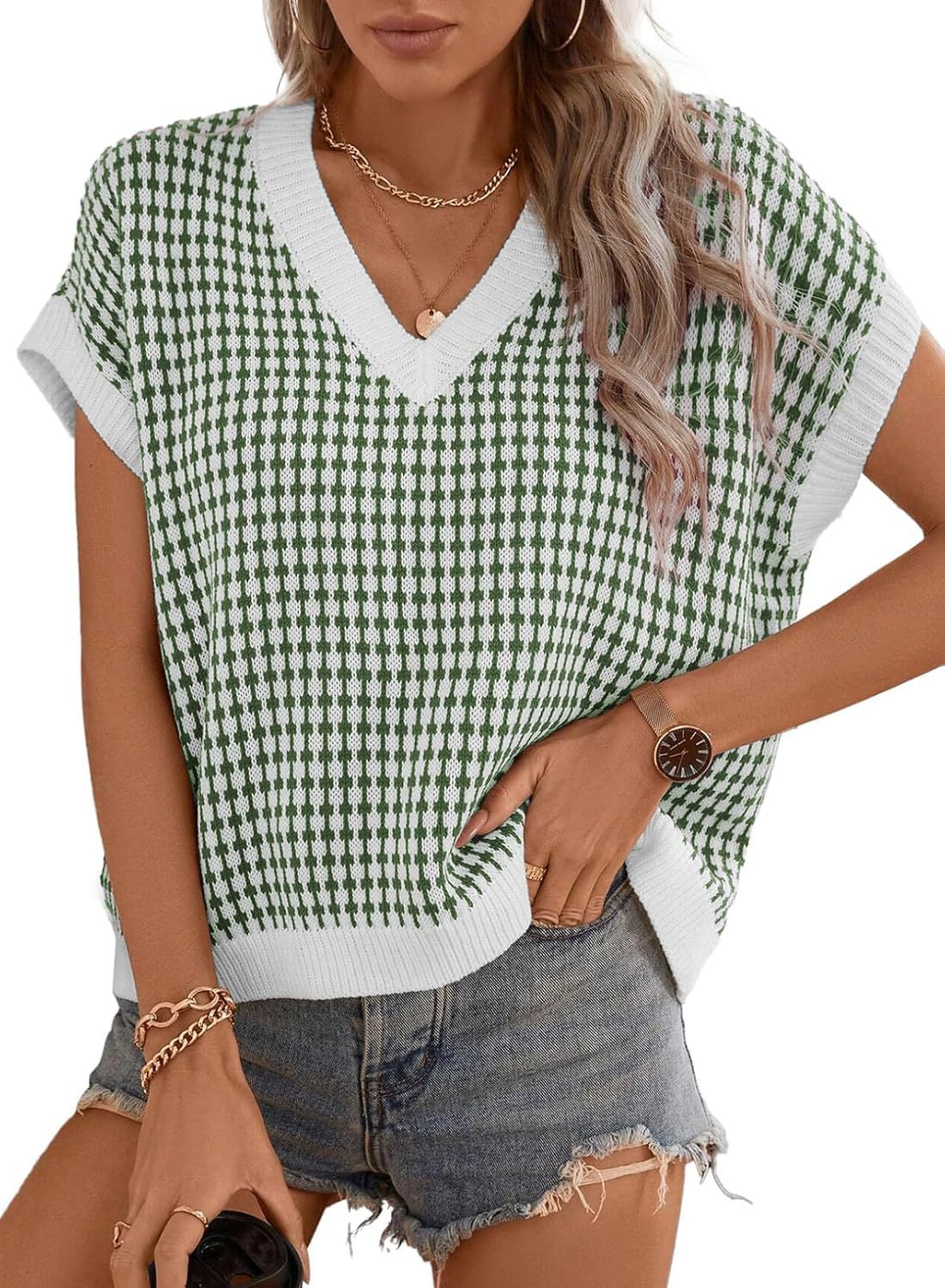 Damen lässiger V-Ausschnitt Pullover mit geometrischem Muster Krohn-e