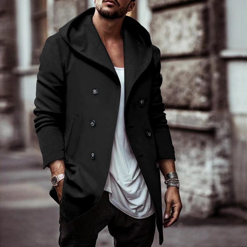 Herren stylischer Hoodie-Mantel mit doppelter Knopfreihe und weitem Kragen Krohn-e