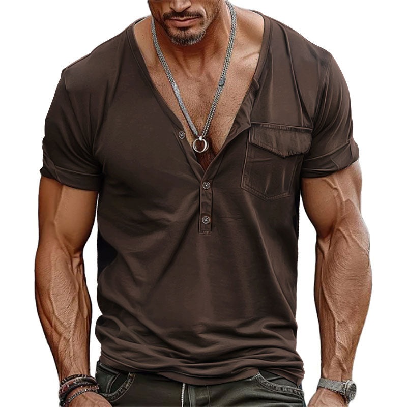 Herren Kurzarm-Henley-T-Shirt mit dekorativer Brusttasche und modernem Schnitt Krohn-e