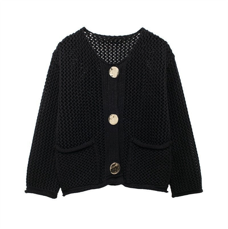 Damen luftige Strickjacke mit durchbrochenem Muster und praktischen Taschen Krohn-e