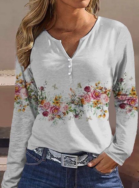 Damen Langarmshirt mit floralem Motiv und Knopfdetails Krohn-e