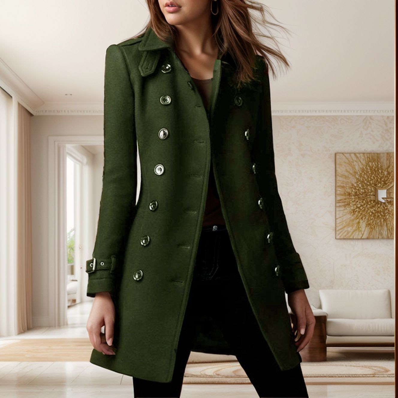 Damen eleganter Trenchcoat mit doppelter Knopfreihe und gewichtetem Kragen Krohn-e