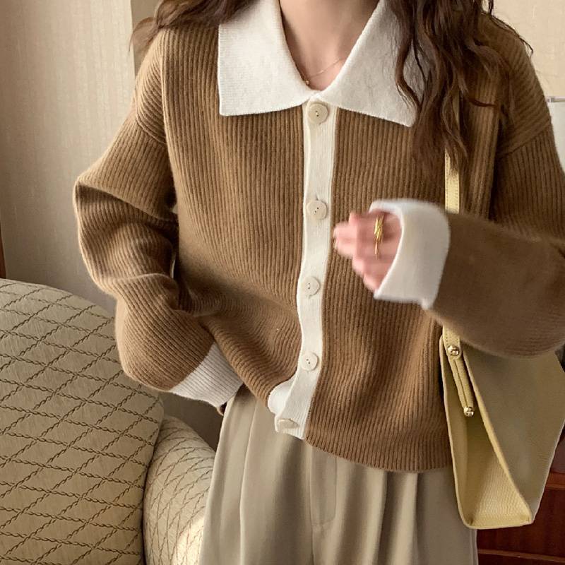 Damen Übergrößen Strickjacke mit kontrastierenden Kragen und Knopfdetail Krohn-e