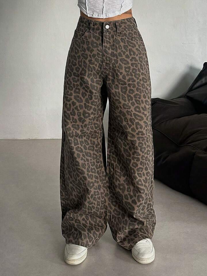 Damen Weit geschnittene Leoparden-Jeans im lässigen Stil Krohn-e